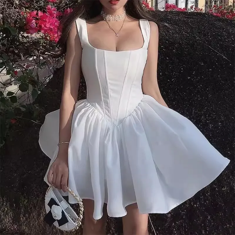 

Boho Inspired Square Neckline Straps White Mini Sexy Women Party Dress Sleevless Hot Girl Summer Dresses New 2024