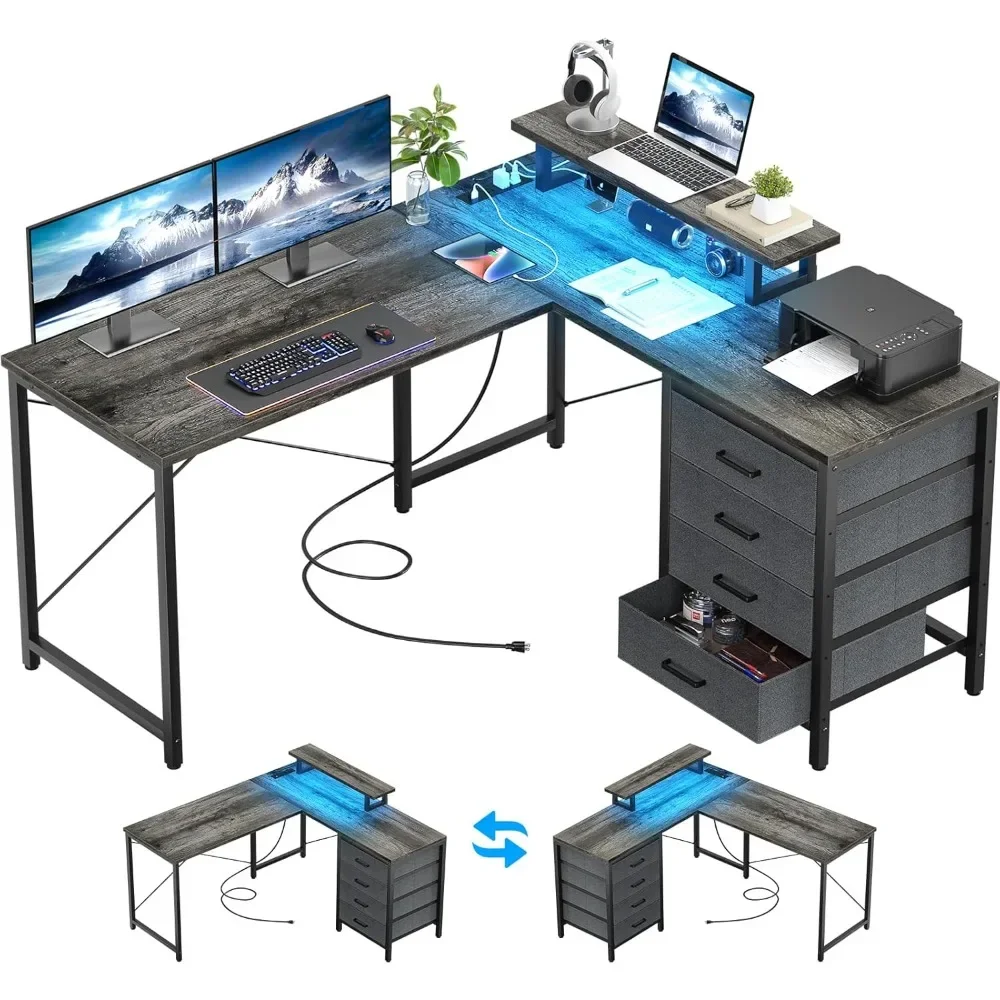 L Shaped Desk with Drawers & Power Outlets, Reversible Computer Desk with LED Light and Monitor Stand, 50 Inch Home Office