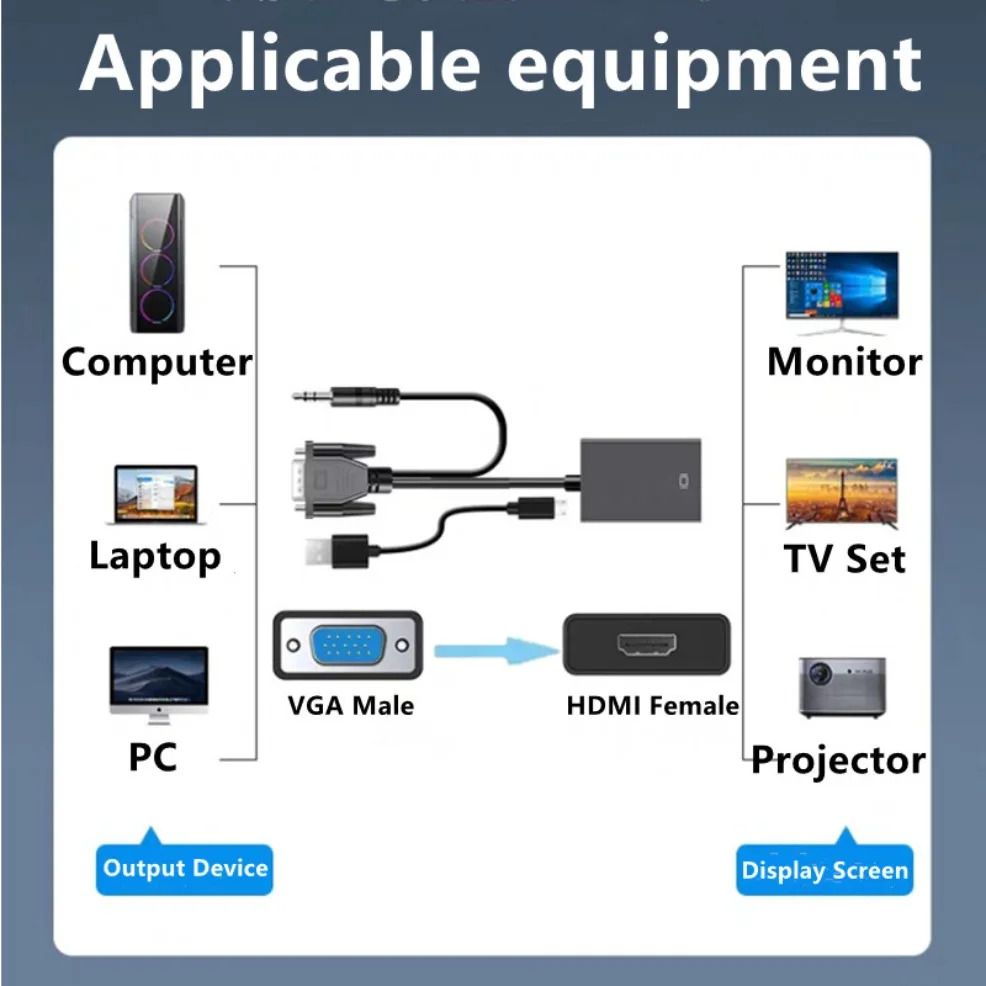 VGA to HDMI Converter Adapter 1080P VGA Male to HDMI Female Adapter Cable With 3.5mm Audio Output  for PC Laptop HDTV Projector