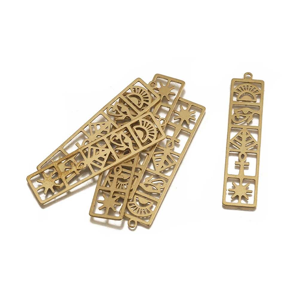 2Pcs Raw Brass Egyptian Symbol Charms Rectangle Bar Cut Pyramid Sun Ankh Hieroglyph Pendant For Diy Earring Necklace Making