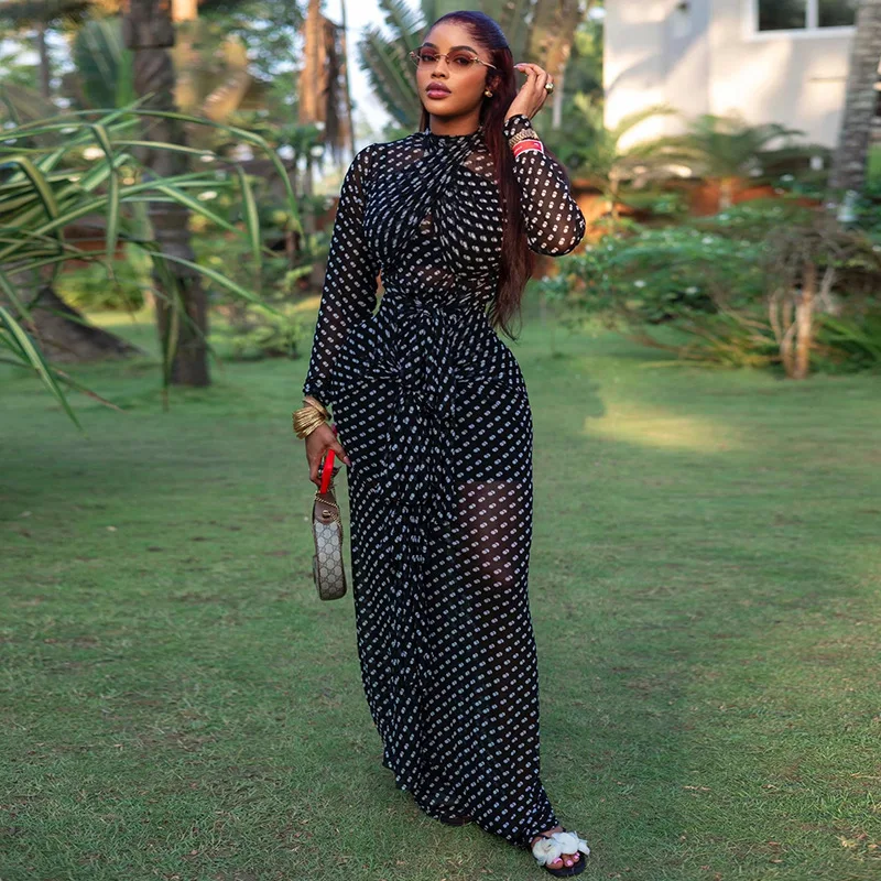 

Outdoor Style Women's Fashion Polka Dot Waist-cinching Bodycon Dress With High Collar And Long Sleeves For Travel