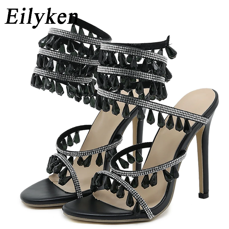 Eilyken Summer Fashion Rhinestone sandały z kryształkami damskie String Bead bankiet szpilki szpilki zapinany paskiem Open toed Shoes