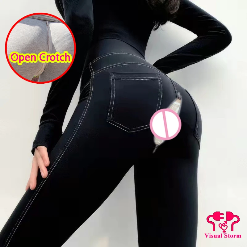 Woman Elastic Open Crotch Leggings Double Hidden Zippers Panties Crotchless Trousers Outdoor Sex Costume Couple Lingerie Push