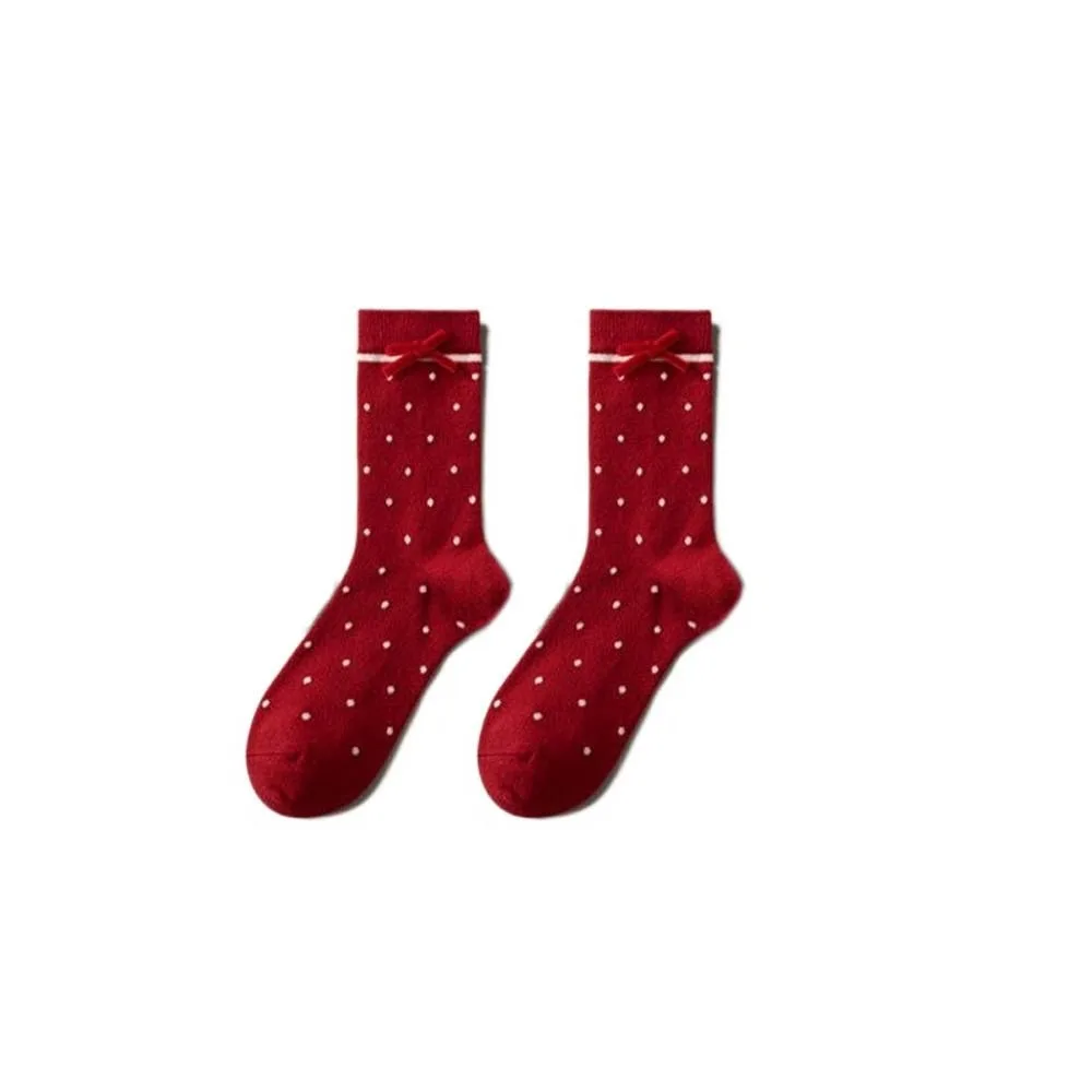 

Comfortable Bowknot New Year Women's Socks Dots Flower Horse Year Red Socks Ruffle Mid Tube Sweet Girls Sock Women