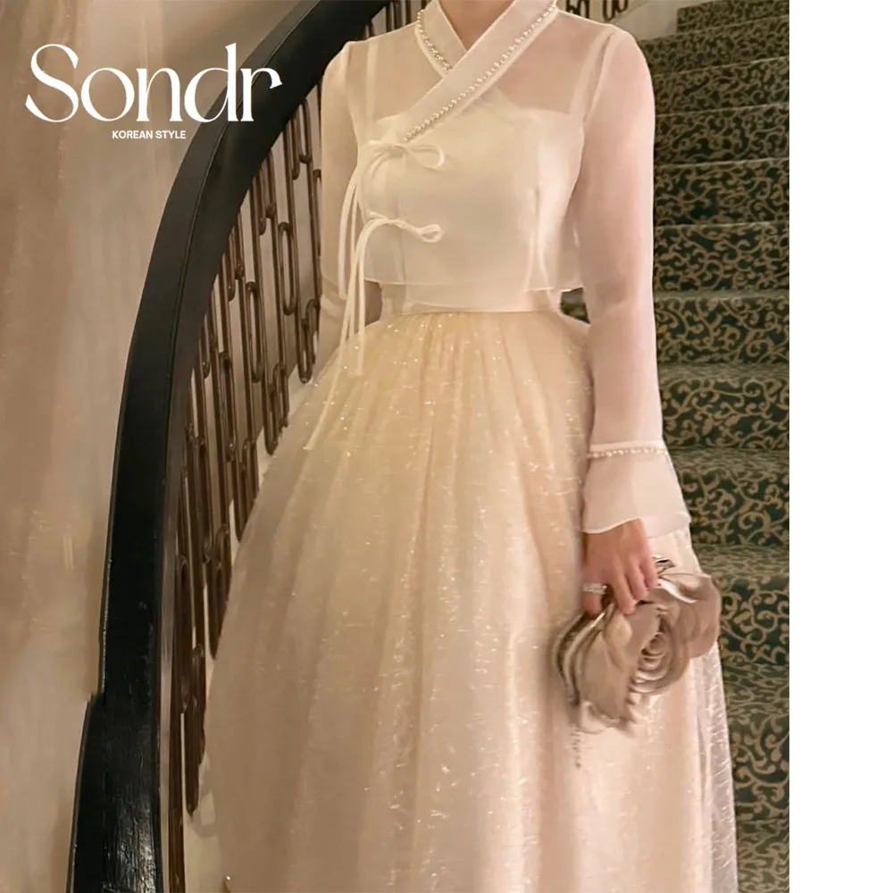 

Sondr Корейские вечерние платья Hanbok по индивидуальному заказу Одежда для торжественных мероприятий Шелковая органза с v-образным вырезом и длинными рукавами Свадебные платья для фотосессии