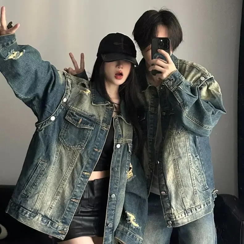 

Джинсовый тюнер в стиле ретро в американском стиле с дырками, весенне-осенний новый джинсовый тюнер для пар, свободный модный повседневный топ High Street