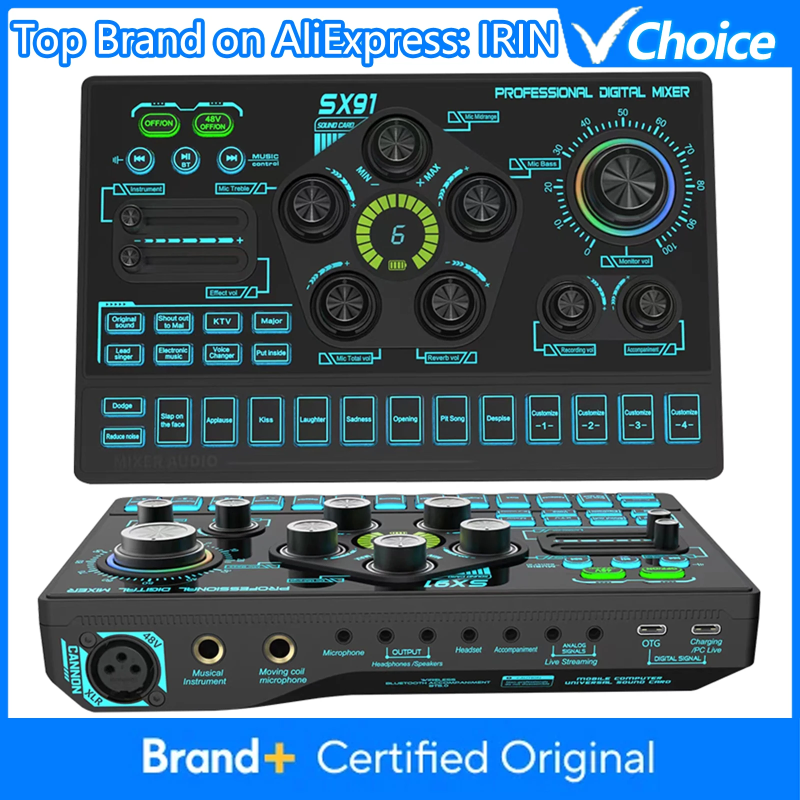

IRIN SX91 48V Audio Mixer with Voice changer,Podcast Mixer,Sound Card for Phone Gaming Karaoke Studio Live Streaming Podcast
