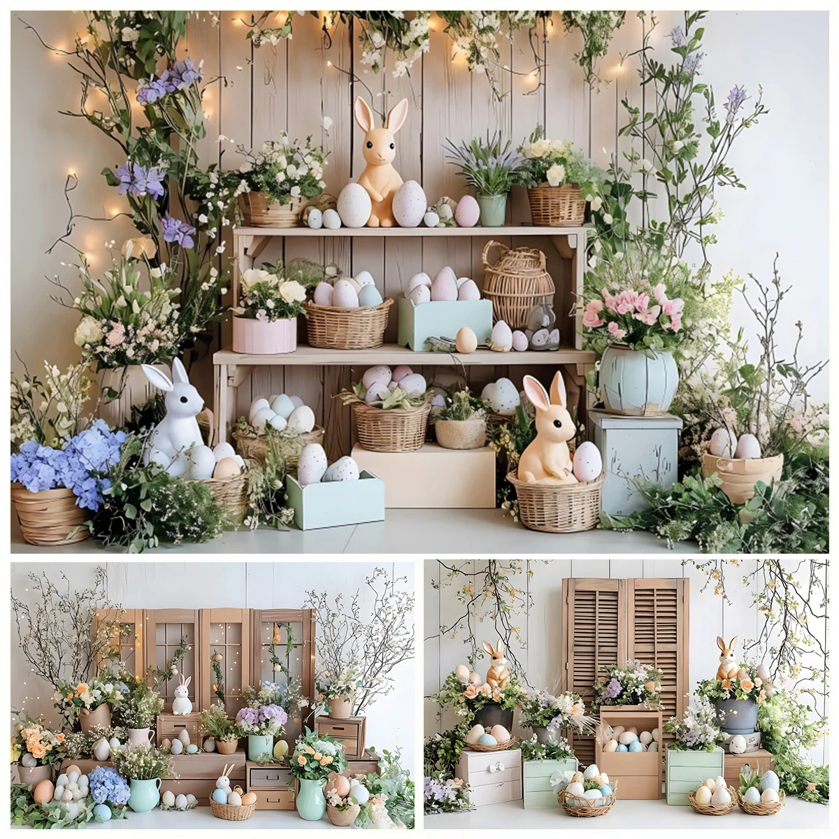 

Happy Spring Easter Photography Backdrops Rabbits Eggs Flower Green Grass Wood Board Baby Portrait Background Decor Photo Studio