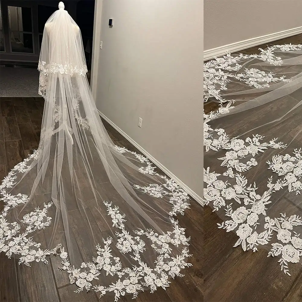 

Illusion Bridal Veils Women Two-Layer Appliques Lace Edge Chapel Veil Bride Complementos De BodaVelo De Novia Customized