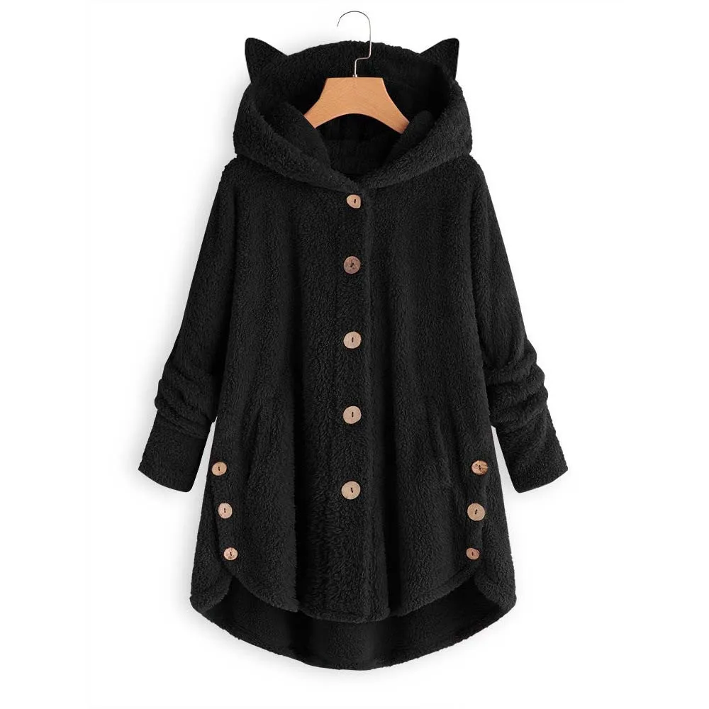 Fashion Warm Fleece Hoodies Women Autumn Winter Casual Kawaii Loose Sweatshirts Fluffy Long Pullovers Button Hooded Coat