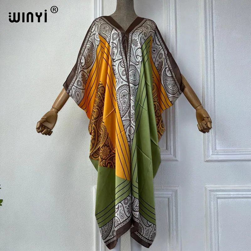 WINYI Summer african V-neck dress Printed beach wear women 2024 Loose Femme Robe Muslim beach cover ups silk feel evening dress