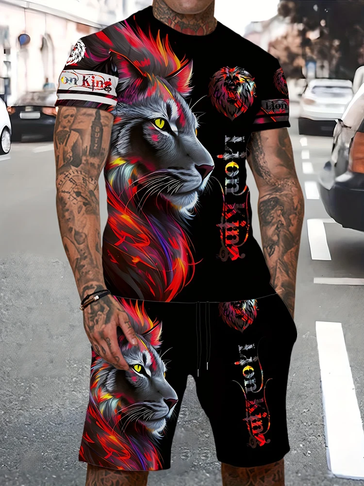 2024 Men\'s Summer Casual Daily Short Sleeve and Shorts 3D Set Cool Lion King Printed T-shirt and Drawstring Shorts Set