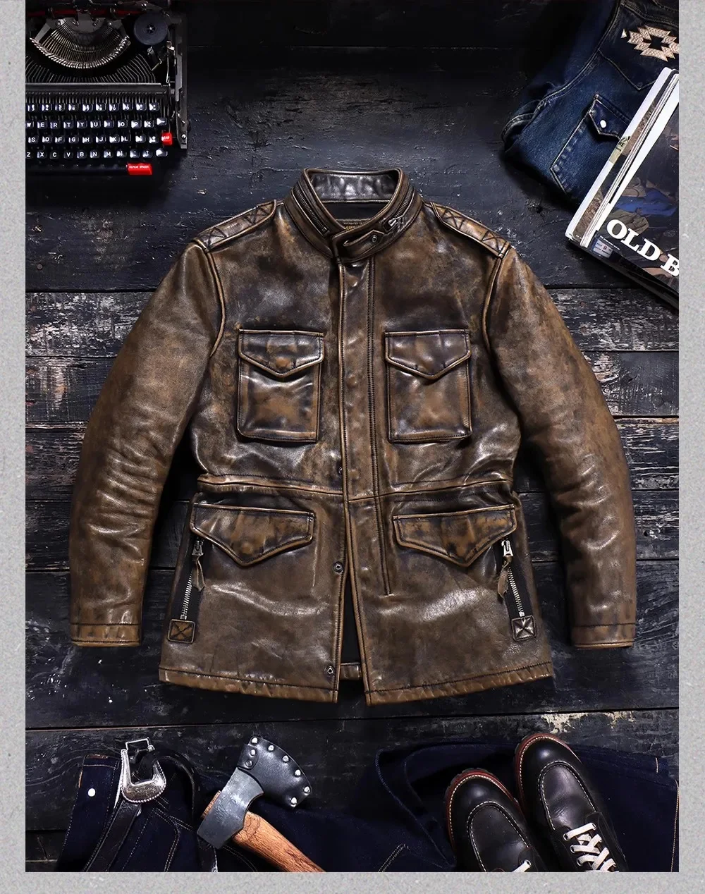 Shop Best.Heavy Washed Vintage M65 cowhide Jacket,Thick genuine Leather hunting coat.Brand leather clothes.plus size,