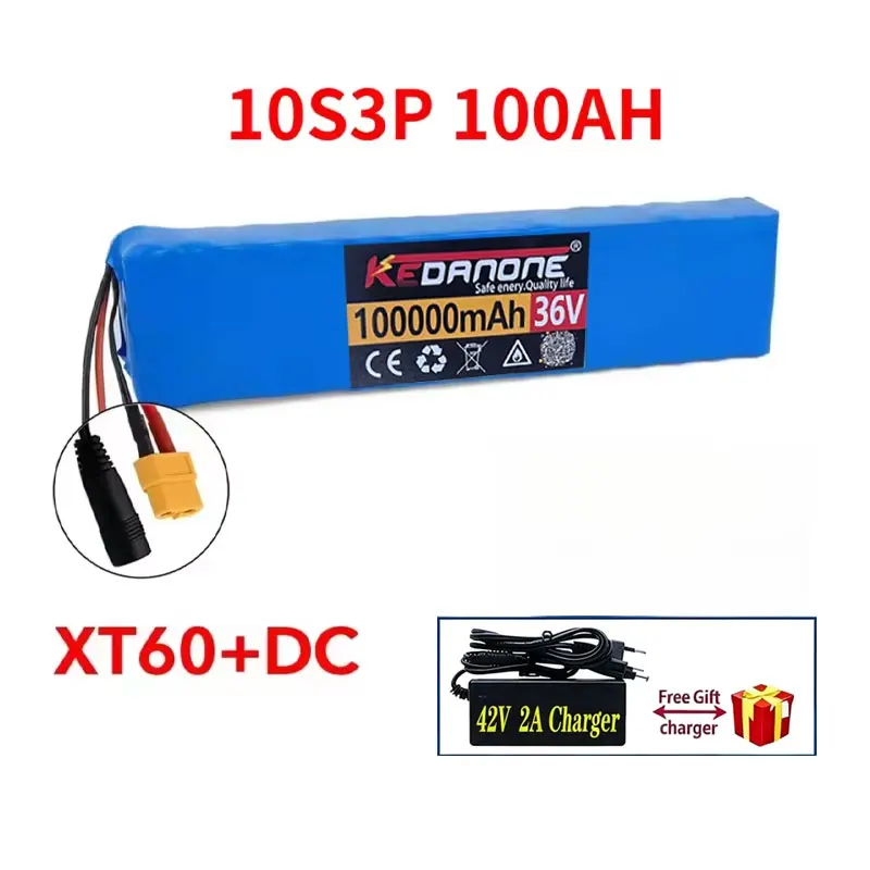 10S3P 36V Akku 100Ah 18650 Lithium-Akkupack 1000W XT60+DC 42V Elektrischer S-Roller M365 E-BK Leistungsakku mit BMS