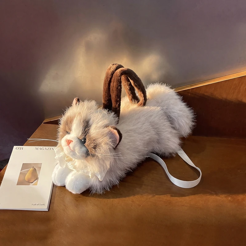 2026 Kawaii Simulation Cat Plush Crossbody Bag Women Fluffy Kitten Doll Shoulder Bag Lace Collar Stuffed Animal Novelty Purse