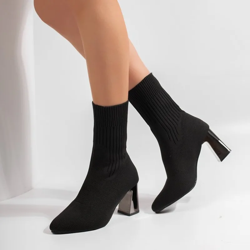 Damen 2026 Herbstmode Einfarbige Elastische Stiefel mit Spitze und Hohem Absatz, Markendesign Einfarbige Knöchelstiefel – Detail 5