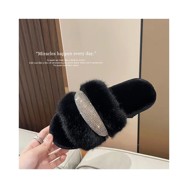 Diamond Inlaid Flat Bottomed 2023Winter Slippers Women\'S Fashion Casual Flat Fur Slippers Ladies Shoes Sapatos Feminino Chanclas