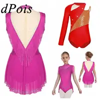 Mono de gimnasia rítmica para niñas, monos con falda y borlas de malla transparente para niños y adolescentes, leotardo de baile de Ballet, mono de patinaje