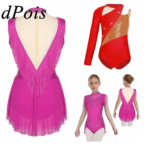 Imagen 1 del producto Mono de gimnasia rítmica para niñas, monos con falda y borlas de malla transparente para niños y adolescentes, leotardo de baile de Ballet, mono de patinaje