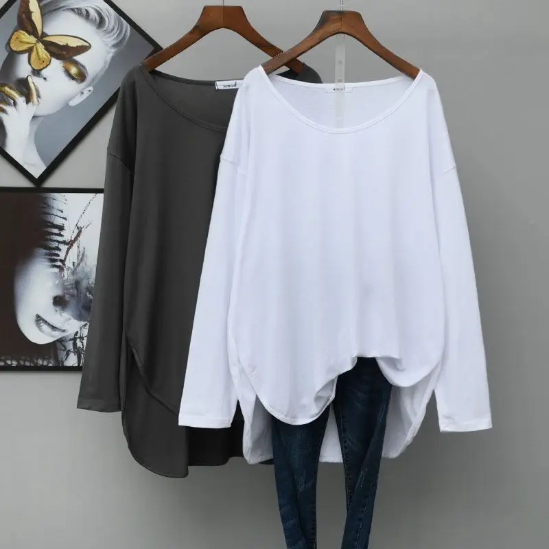 Spring Autumn New Solid Color Fashion Long Sleeve T-Shirts Women High Street V-Neck Loose Asymmetrical All-match Chic Pullovers