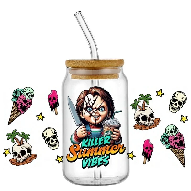 Scary Toy Doll Tropical Theme UV DTF Wraps Bat Pineapple Galaxy Waterproof Decals for 16oz Libbey Glass Can