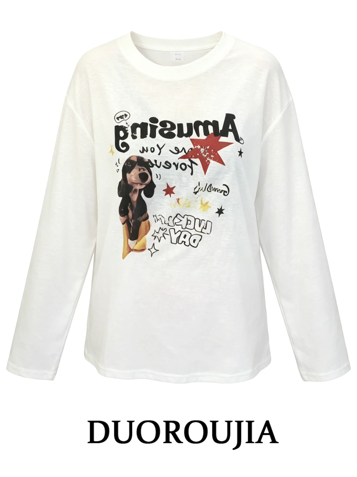 

plus Size Korean Style Long Sleeve T-Shirt Women Summer Loose Shoulder Printed Casual Cartoon Lazy Style Top for plus Size
