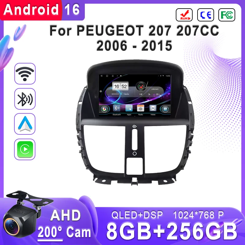 

Android 16 2K Incell Screen Multimedia Stereo For PEUGEOT 207 207CC 2006 - 2015 Stereo Head Plug and Play High-performance CPU