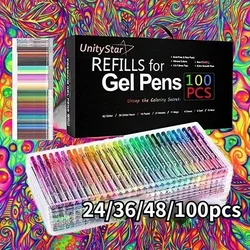 100/48/36/24 PCS Color Gel Pen Glitter Gel Refill Highlight Cute Candy Color Full Glitter For Kids Drawing Graffiti Art Supplies