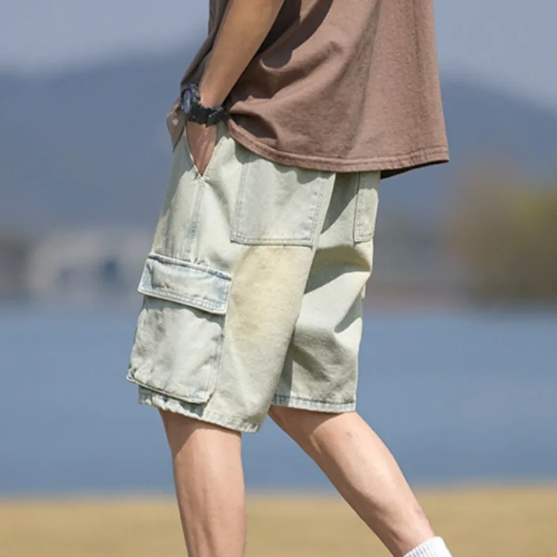 Pantaloni jeans corti da uomo Cargo larghi dritti larghi grigi larghi pantaloncini di jeans da uomo larghi popolari Y2k moda taglio bottoni retrò blu vendita
