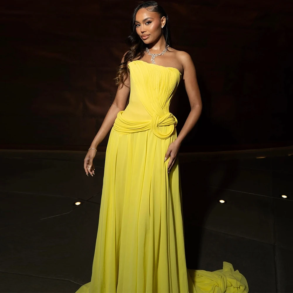 

Simple Strapless yellow Chiffon Customized Evening Dress Soft Sweep Train Prom Dresses Fashion Sleeveless Bespoke Occasion Gowns