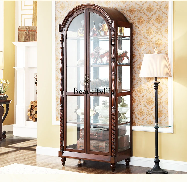 American all-solid wood wine cabinet simple retro home living room partition wall arched glass