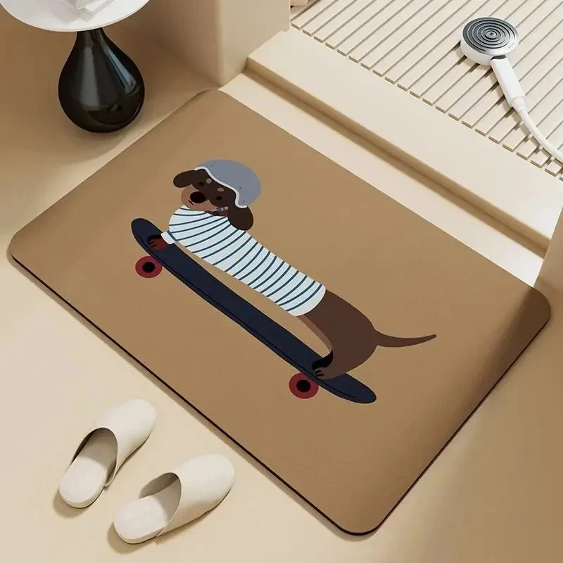 Cartoon Skateboard Dachshund DoorMat, Non-slip Carpet, Suitable for Living Room, Bedroom, Bathroom, Holiday Home Decoration