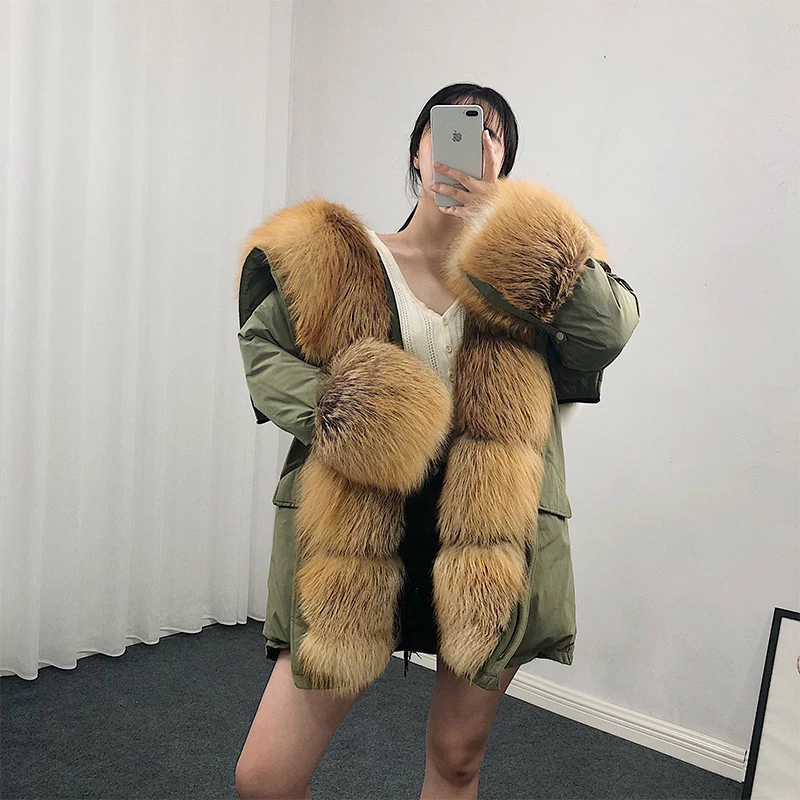 2020 new fur angel wings Real Raccoon Fur Coat Women Fur Parka Army Green Full Pelt Raccoon Fox Fur Coats down jacket