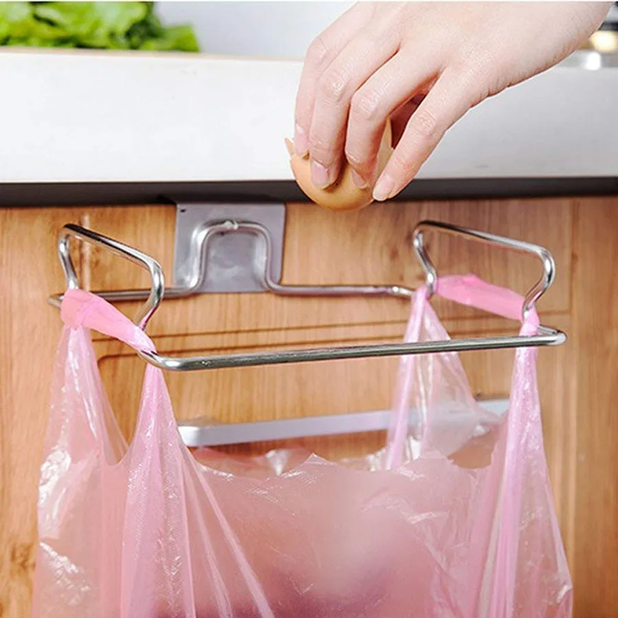 

1-8pcs Kitchen Hanging Garbage Bag Rack Door Back Storage Hook Stainless Steel Garbage Bag Support Rack for Kitchen Cabinets