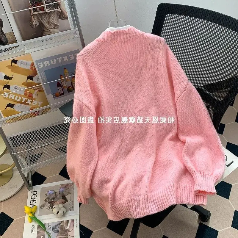 Pink strawberry cute sweet age-reducing cardigan sweater female autumn and winter 2024 new loose lazy style knitted jacket