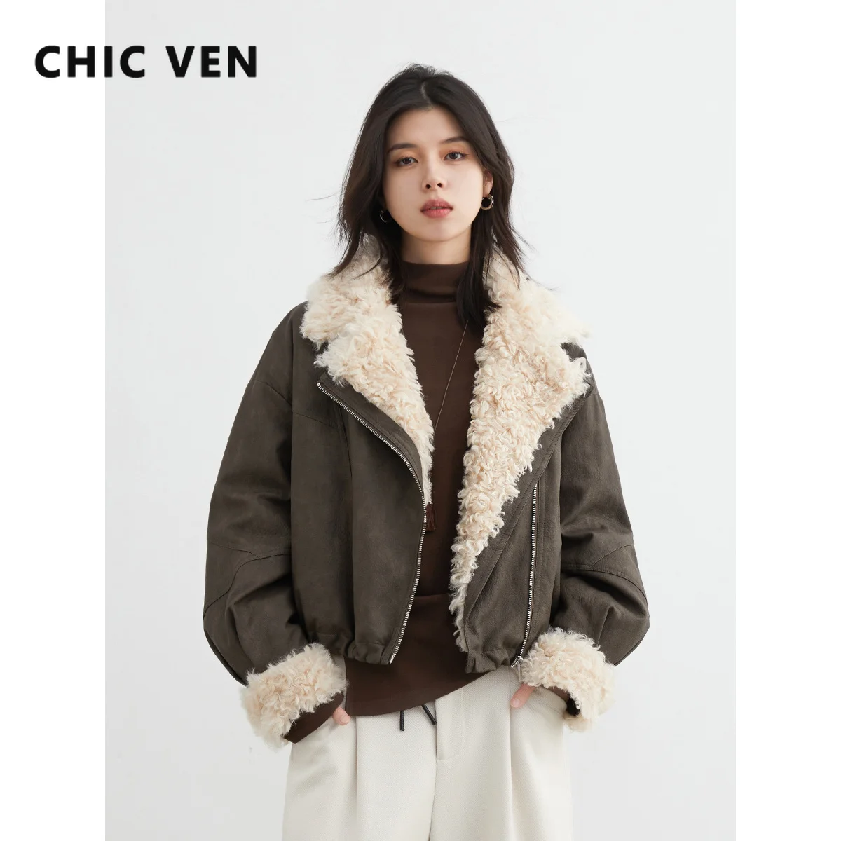 CHIC VEN Women Down Coats PU Faux Fur Collar Loose Casual 90 White Duck Down Motorcycle Female Down Jacket Autumn Winter 2026