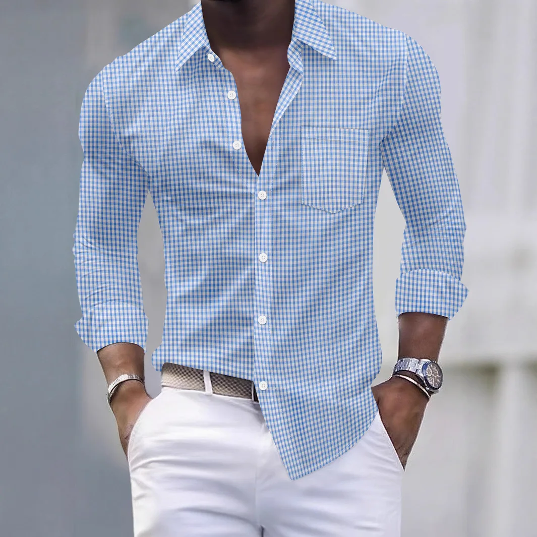 2025 New Style Fashion Men's Check Pockets Business Slim-Fitting Casual Shirt with Long Sleeves