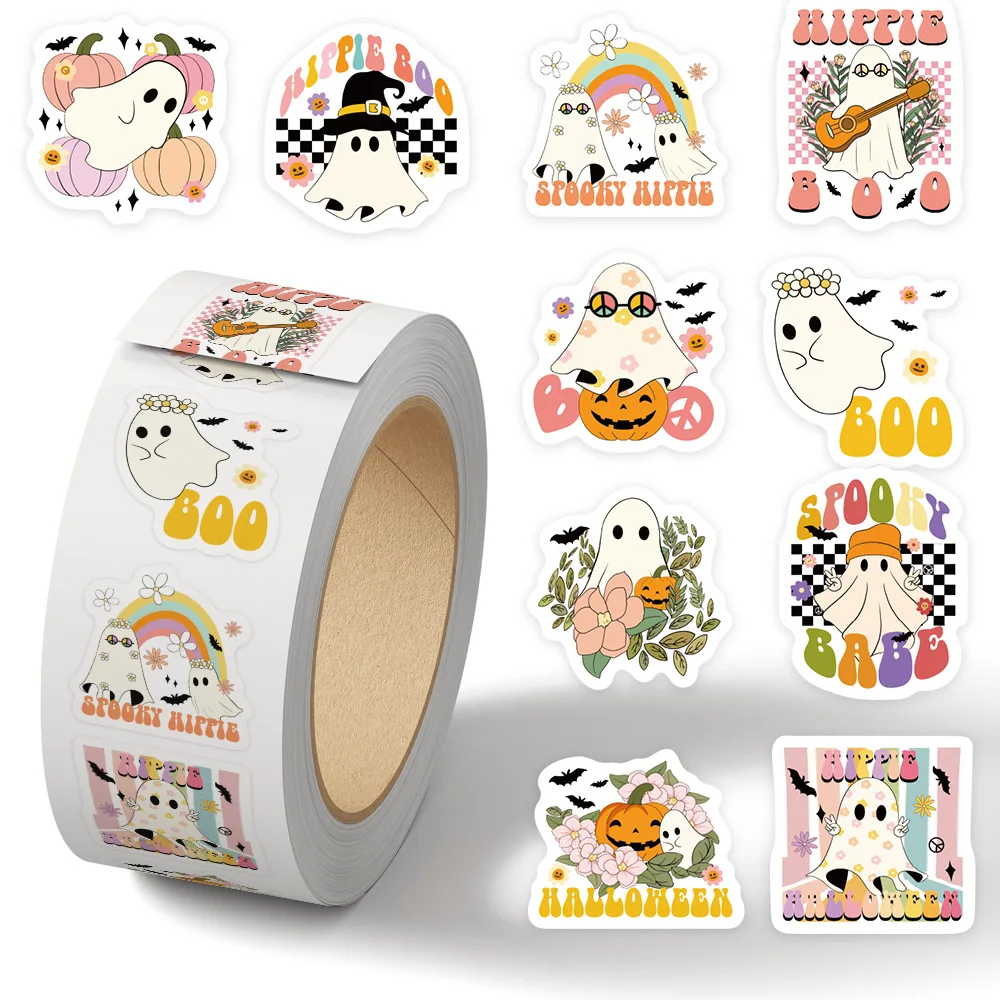 

500pcs/Roll Hippie Spooky Boo Ghost Sealing Stickers DIY PVC Laptop Decals Decoration Reward Gift Toy