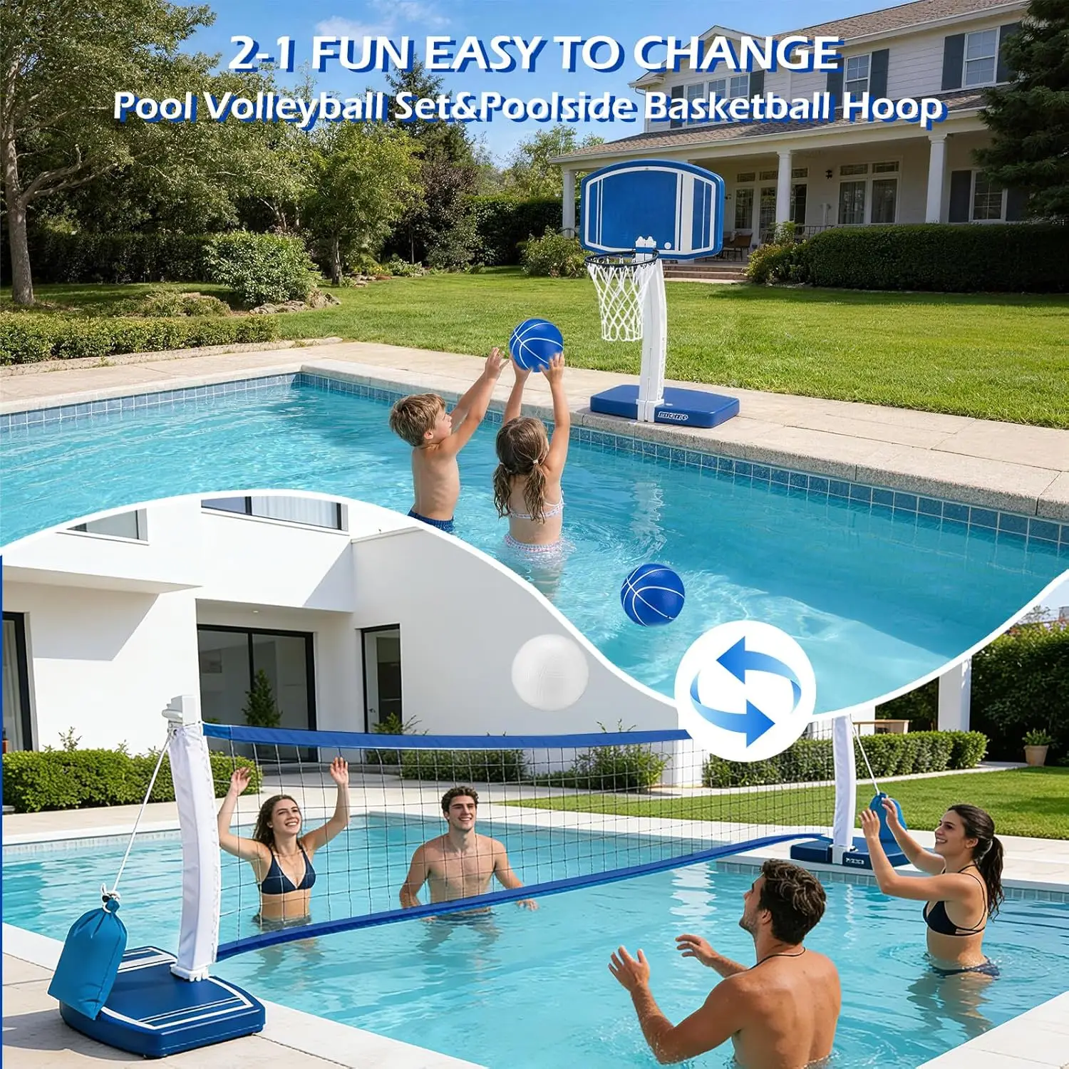 Above Ground Pool Basketball Hoop and Volleyball Net 2-in-1, Outdoor Water Game Toy for Kids Ages 3-12, Teens, Adults Family Poolside Summer Fun view 3