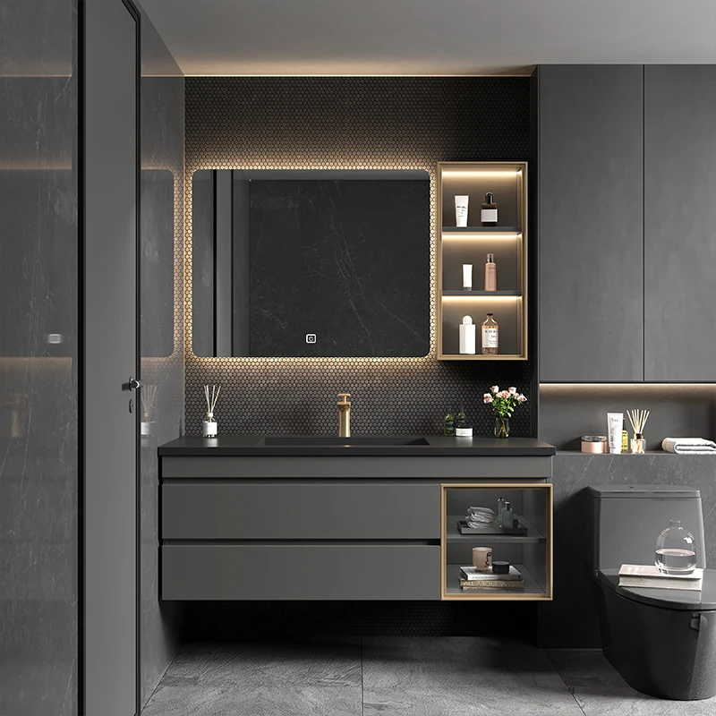 

Интегрированный светильник для ванной комнаты, роскошный комбинированный шкаф из камня, современный минималистичный туалетный столик из массива дерева с раковиной