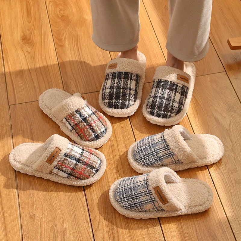 Women Warm Winter House Slippers Men Casual Home Outdoor Plaid Striped Shoes Couple Cozy Anti-slip Indoor Floor Footwear