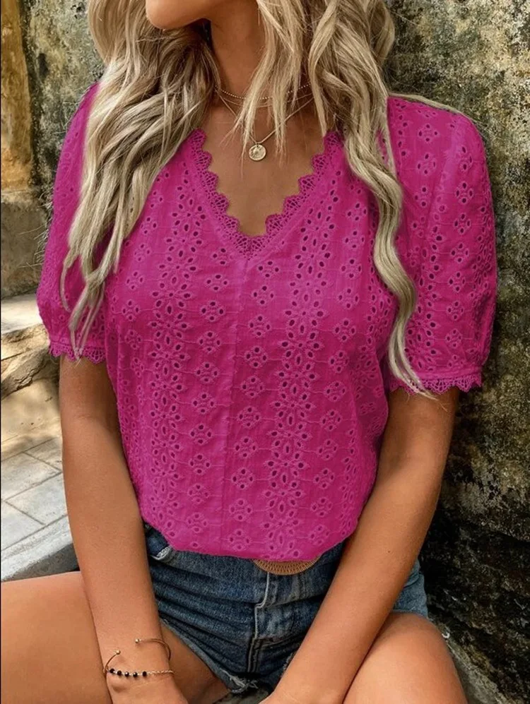 Elegant Women Blouse Fashion Tees 2023 Summer New Solid Short Sleeve Hollow Out Shirt Commuter Office Female S-XXXL