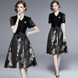 Luxury Heavy Sequin Lace  Skirt Patchwork Jacquard Waist Slimming Elegant Dresses Women Clothing  Black Dress