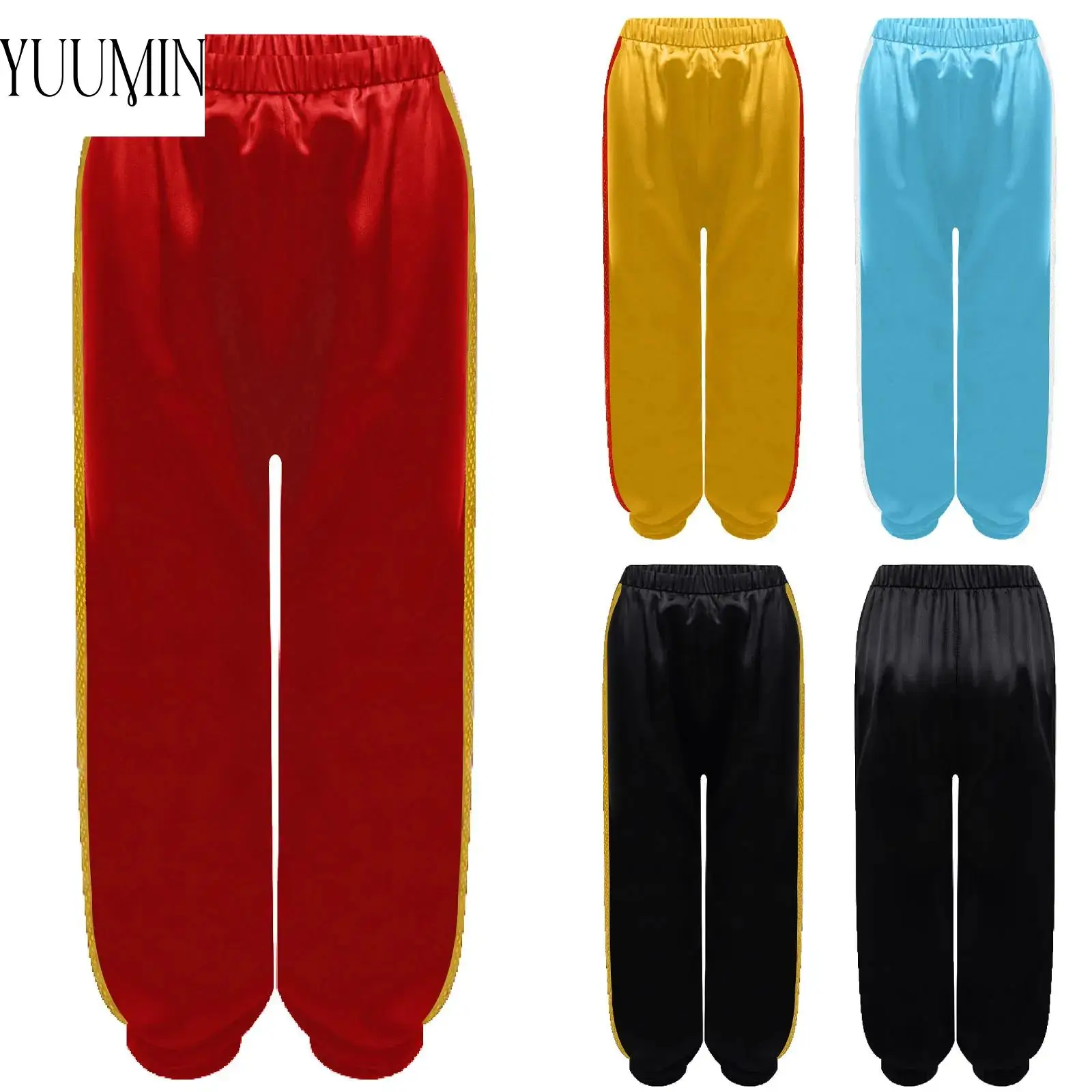 

Kids Boys Kung Fu Stretchy Pants Martial Arts Performance Costume Color Block Shiny Sequins Pants Workout Training Sportswear