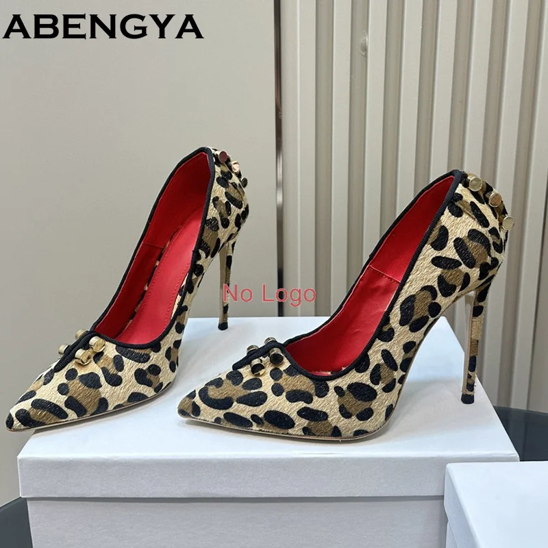 Leopard Print Large Size 43. Women Pumps Rivet Studded Point Toe Party Shoes For Woman Spring High Heel Gladiator Shoes Ladies