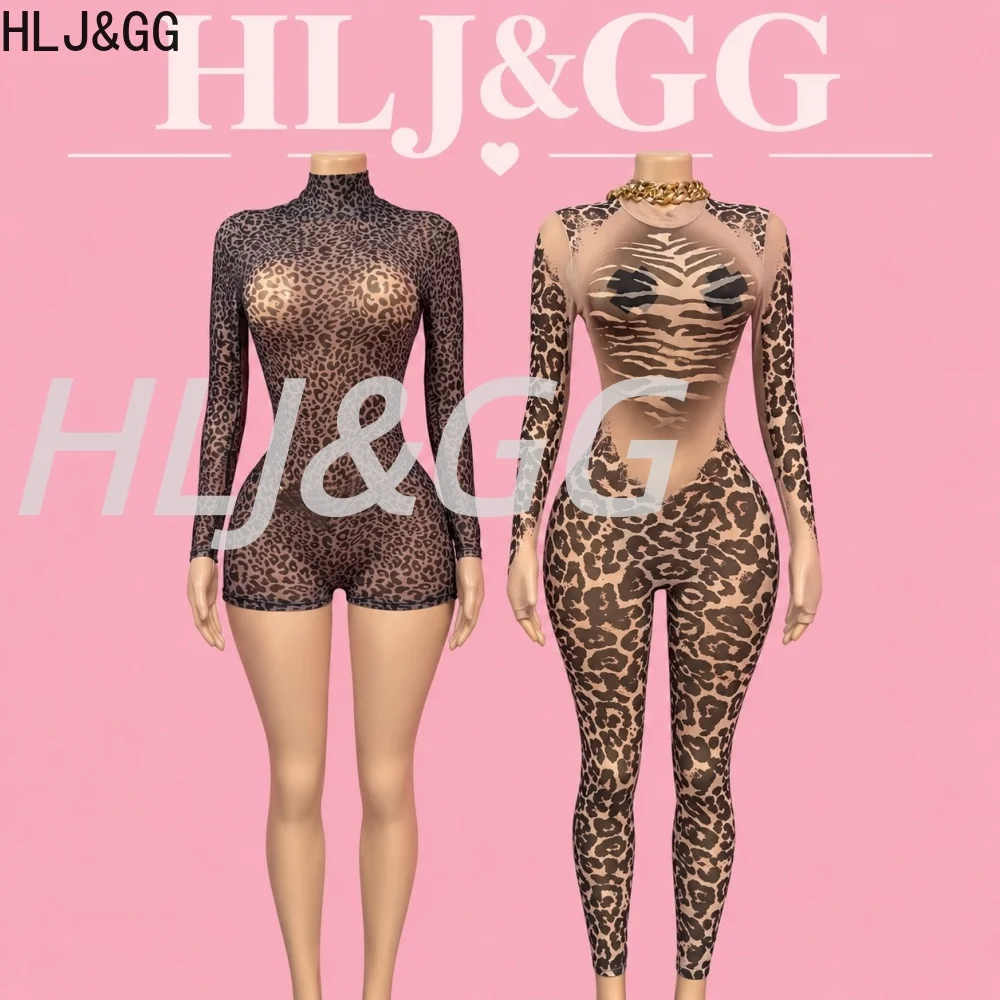 HLJ&GG Sexy Mesh Leopard Print Bodycon One Piece Jumpsuits Women O Neck Long Sleeve Slim Playsuits Fashion See Though Overalls
