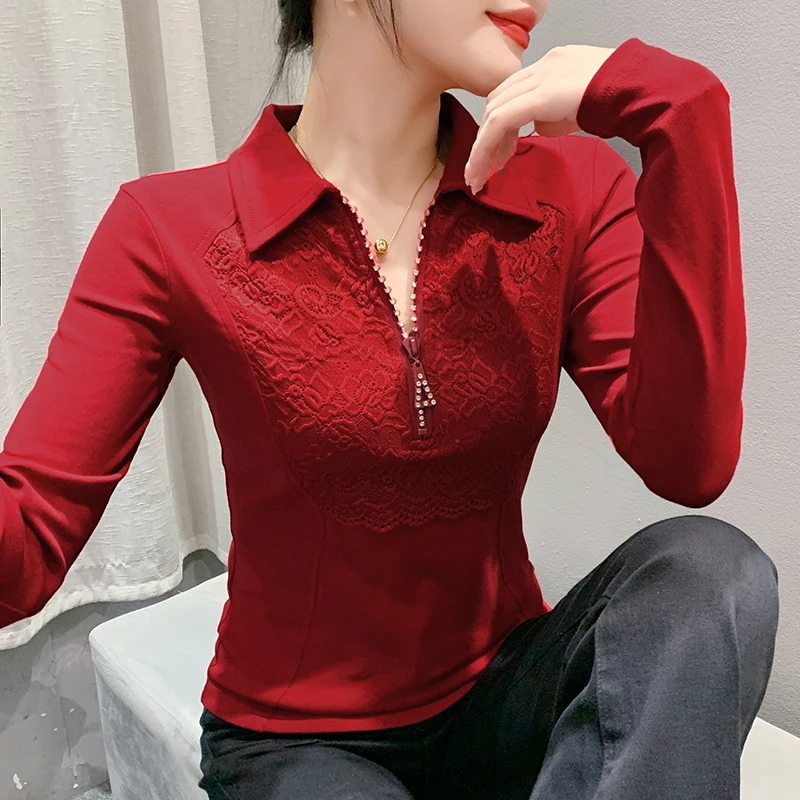 MadBlack European Clothes Tshirt Women Turn Down Collar Lace Zipper Slim Cotton Top Long Sleeve Tees Autumn Winter T39754JM