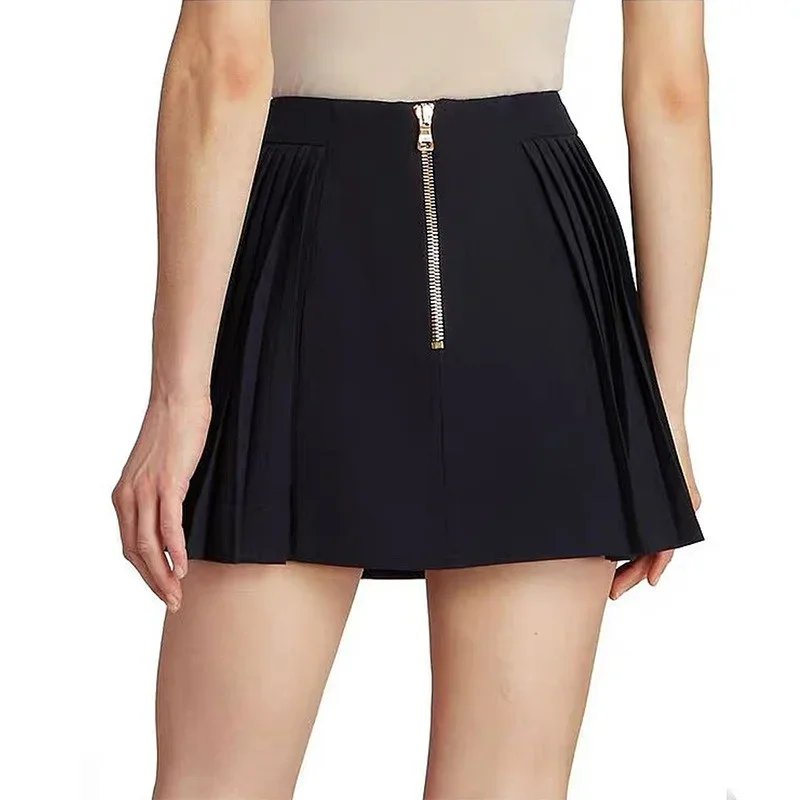 High Quality New Fashion 2024 Summer Women's Double Breasted Metal Pleated Elegant A-line Zipper Black Mini Shorts Skirts