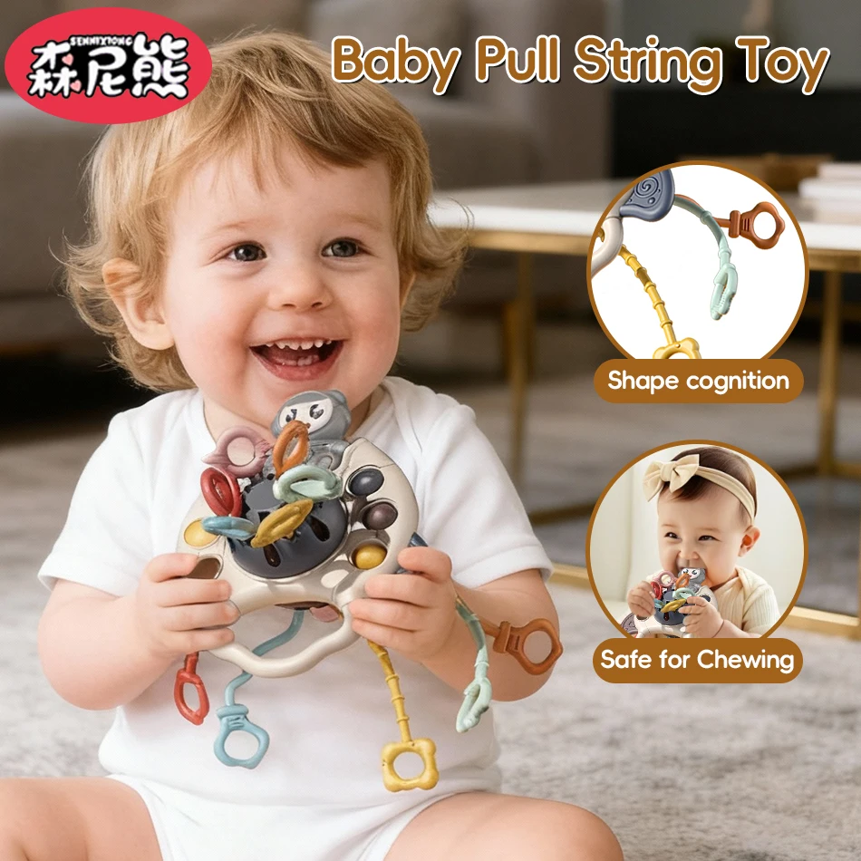 SENNIXIONG Gryzak dla niemowląt, uroczy miś, tygrys, astronauta, zabawka sensoryczna z silikonu na sznurku, grzechotka Montessori dla malucha