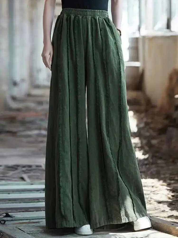 Stitching Wide Casual Leg Pants For Women Elastic High Waist Cotton Linen Trousers With Pockets 2025 Spring New TI50